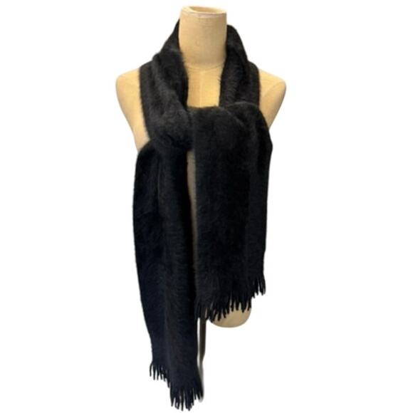 "SONIA RYKIEL" Black Solid Scarf With Fringe Paris Quiet Luxury Old Money Fuzzy - Picture 1 of 7